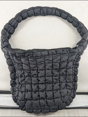 Black Quilted Puffer Shoulder Bag with Padded Handle